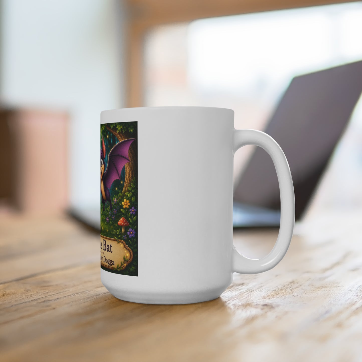 Bella the Bat & Smokey D Baby Dogga 15 oz Ceramic Coffee Mug | Cute Dog & Bat Fantasy Mug | Enchanted Forest Children's Book Gift | Whimsical Halloween Coffee Cup