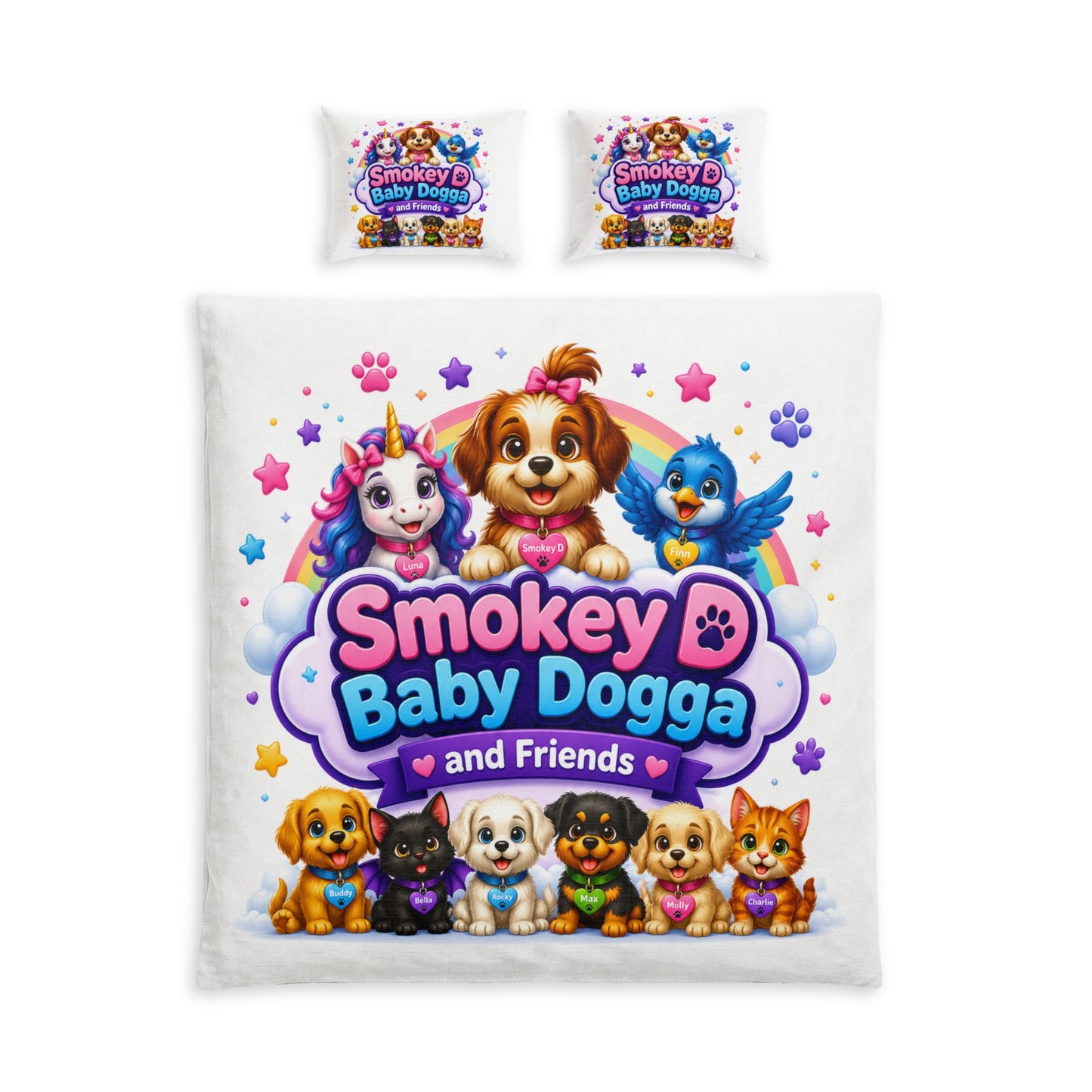 Smokey D Baby Dogga and Friends Cotton Bed Set – Kids Unicorn Puppy Rainbow Bedding