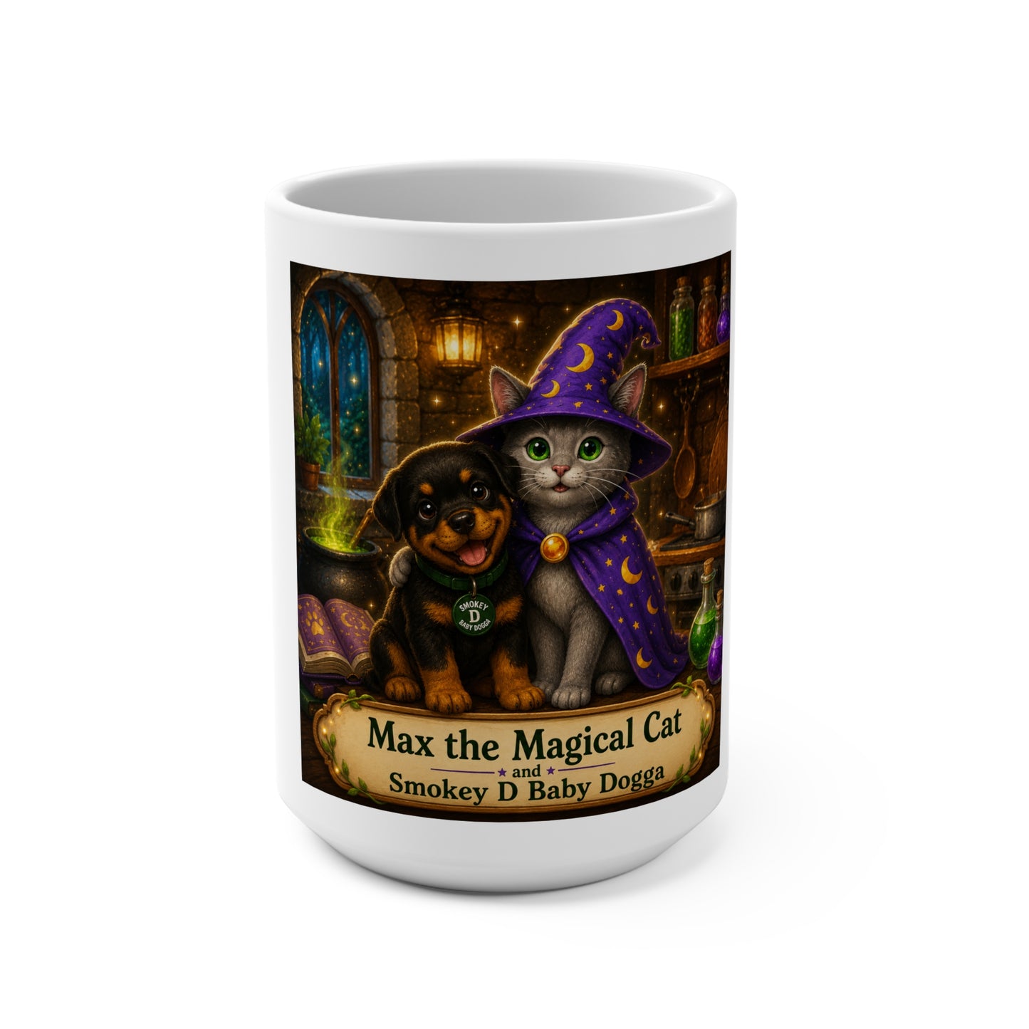 Max the Magical Cat & Smokey D Baby Dogga 15 oz Ceramic Coffee Mug | Wizard Cat & Puppy Fantasy Mug | Whimsical Children's Book Gift | Enchanted Forest Coffee Cup