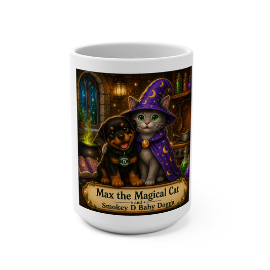 Max the Magical Cat & Smokey D Baby Dogga 15 oz Ceramic Coffee Mug | Wizard Cat & Puppy Fantasy Mug | Whimsical Children's Book Gift | Enchanted Forest Coffee Cup