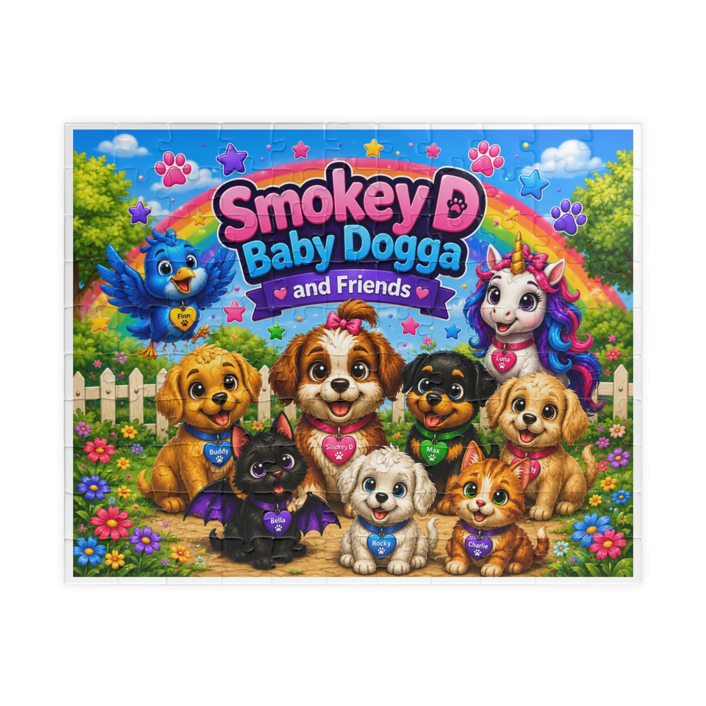 Smokey D Baby Dogga and Friends Kids Jigsaw Puzzle – Colorful Puppy Unicorn Scene (110–1014 pcs)