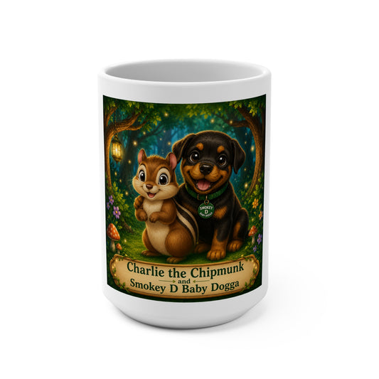 Charlie the Chipmunk & Smokey D Baby Dogga 15 oz Ceramic Coffee Mug | Cute Woodland Chipmunk & Puppy Mug | Forest Animal Children's Book Gift | Whimsical Nature Coffee Cup