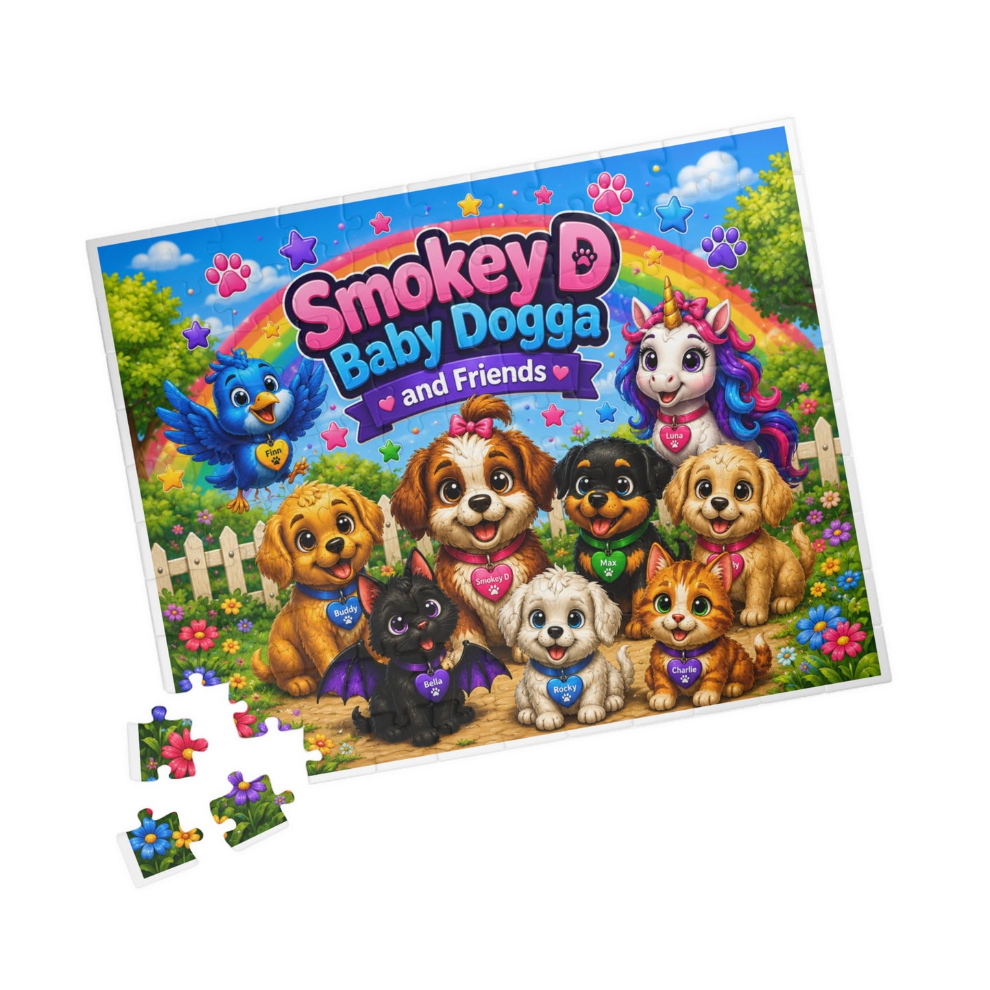 Smokey D Baby Dogga and Friends Kids Jigsaw Puzzle – Colorful Puppy Unicorn Scene (110–1014 pcs)