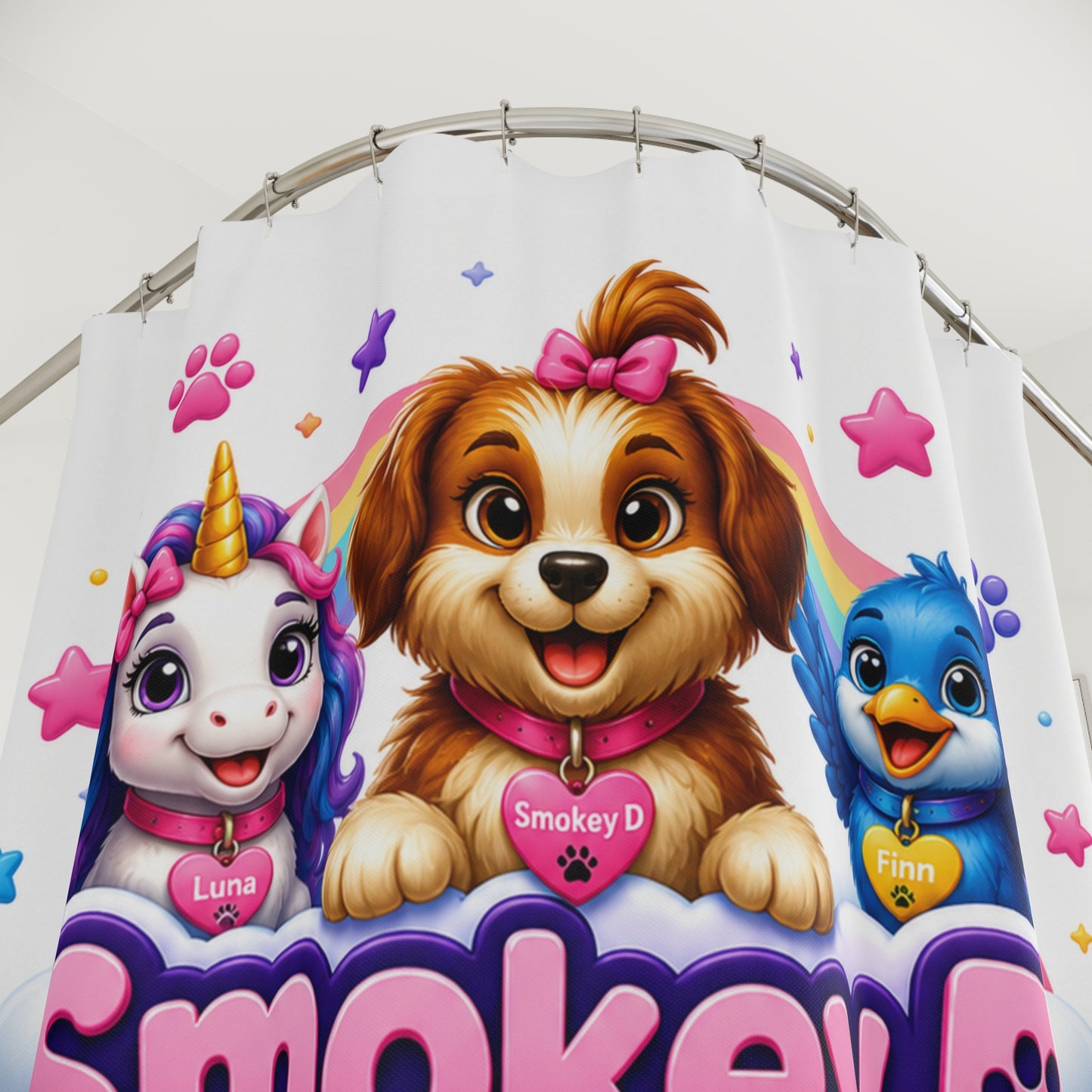 Smokey D Baby Dogga Kids Shower Curtain — Cute Puppy & Unicorn Bath Decor