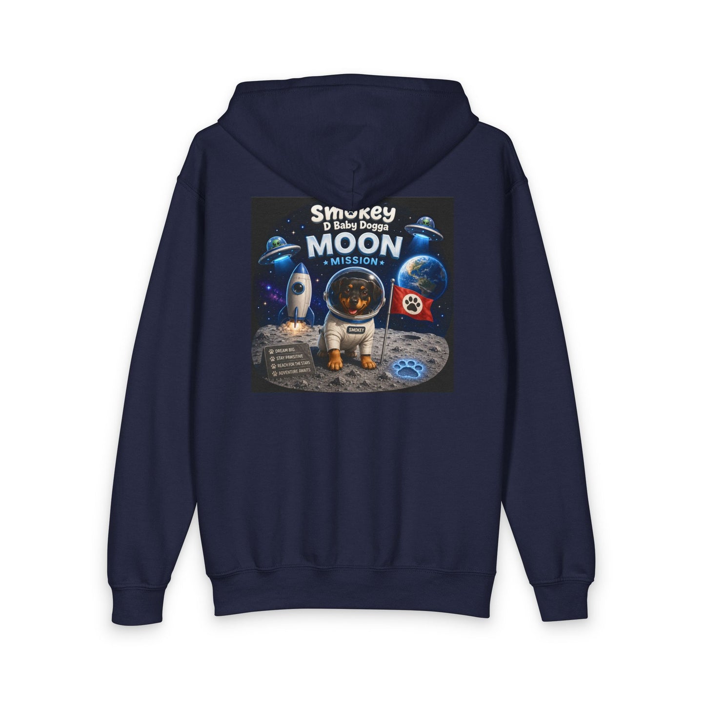 Smokey D Baby Dogga Moon Mission Youth Zip-Up Hoodie | Kids Space Adventure Hoodie