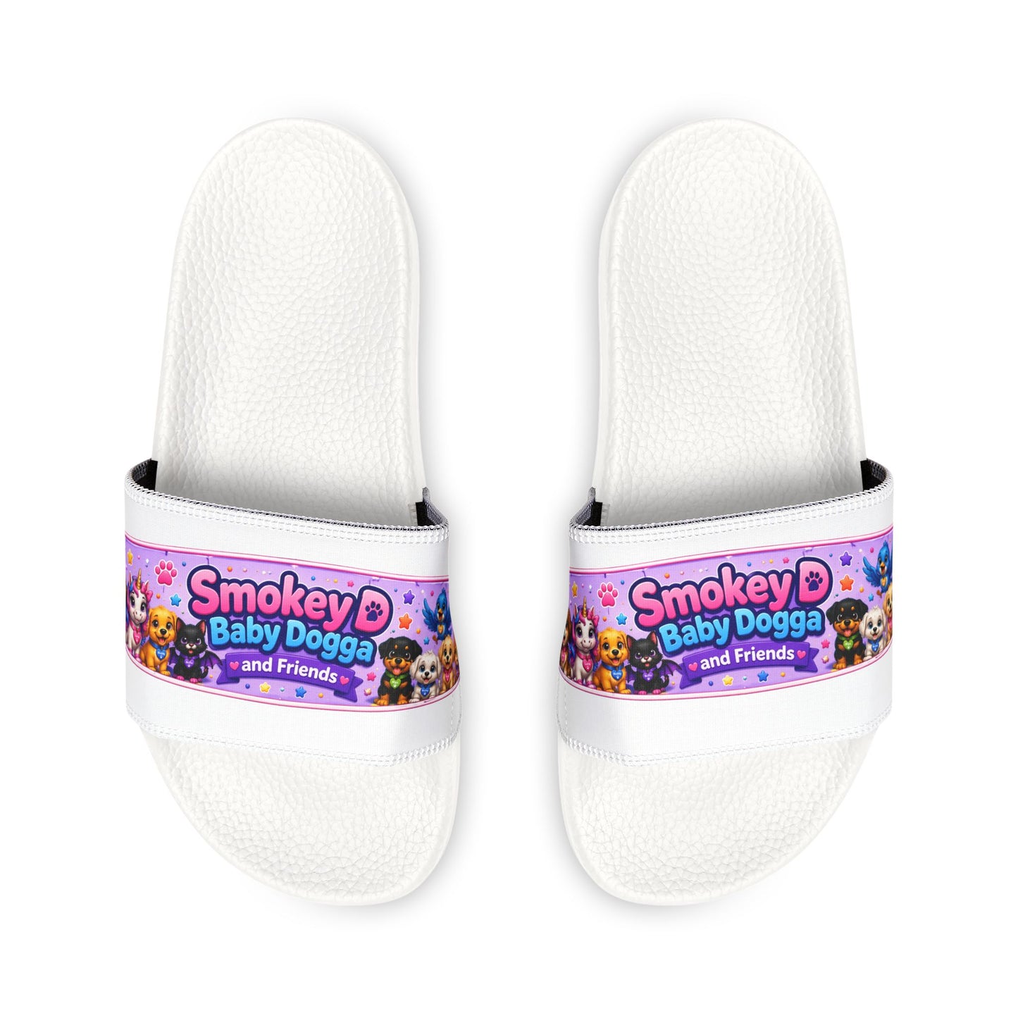 Youth Slide Sandals — 'Smokey D Baby Dogga and Friends' Graphic Removable-Strap Slides
