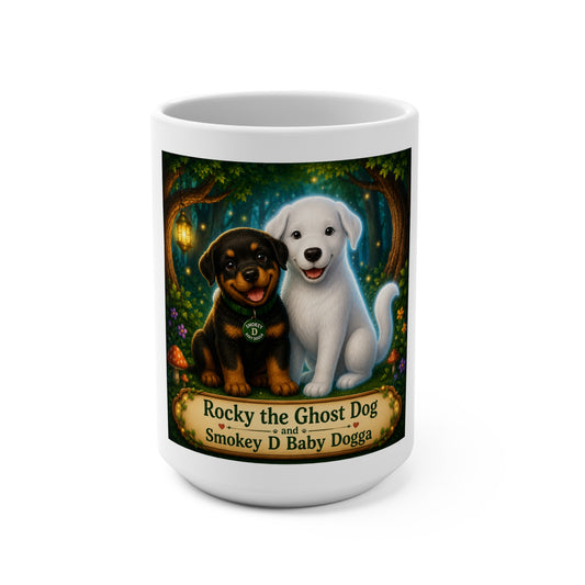 Rocky the Ghost Dog & Smokey D Baby Dogga 15 oz Ceramic Coffee Mug | Cute Halloween Dog Mug | Whimsical Children's Book Character Gift | Magical Forest Coffee Cup