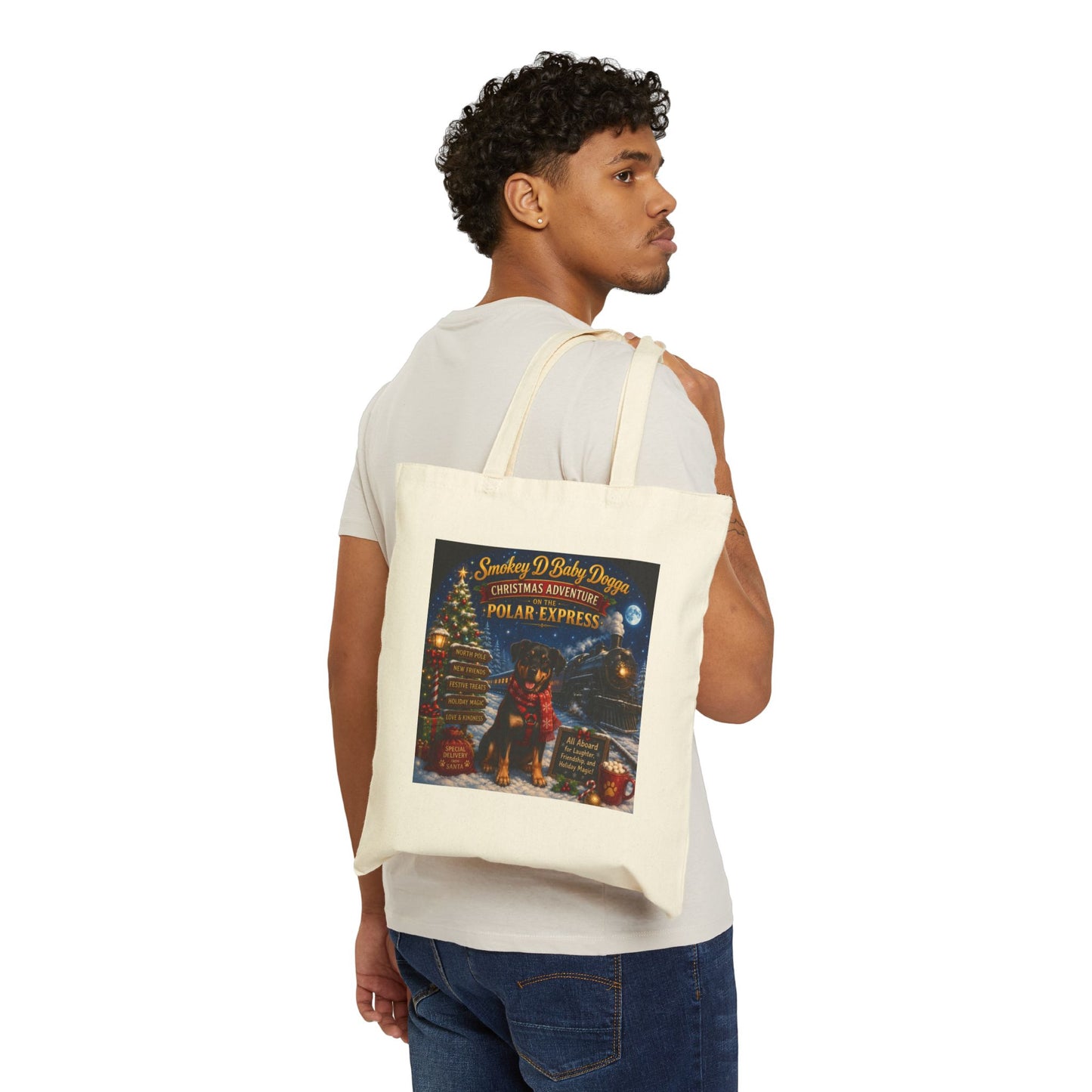 Smokey D Baby Dogga Holiday Polar Express Canvas Tote Bag – Christmas Adventure Book Bag