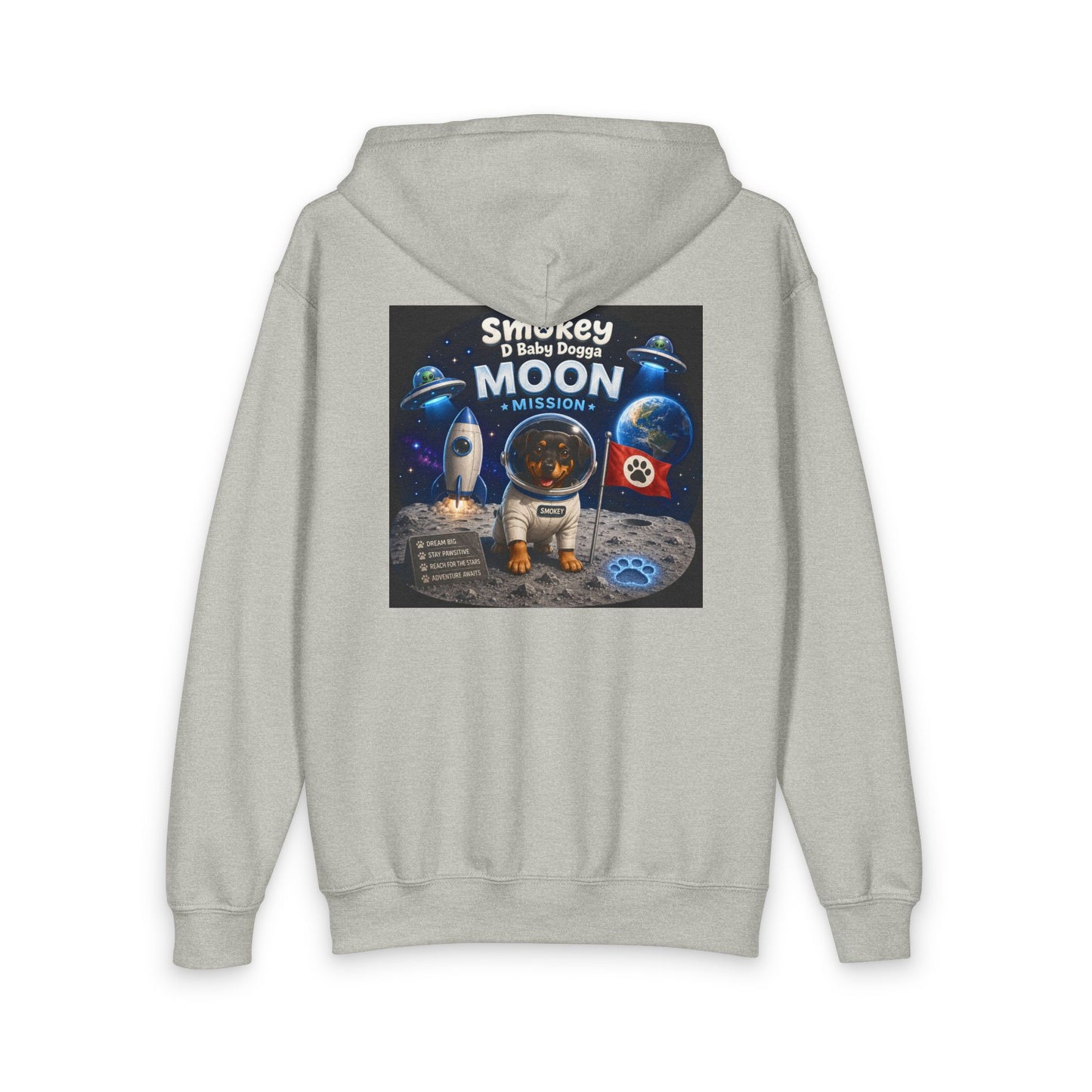 Smokey D Baby Dogga Moon Mission Youth Zip-Up Hoodie | Kids Space Adventure Hoodie