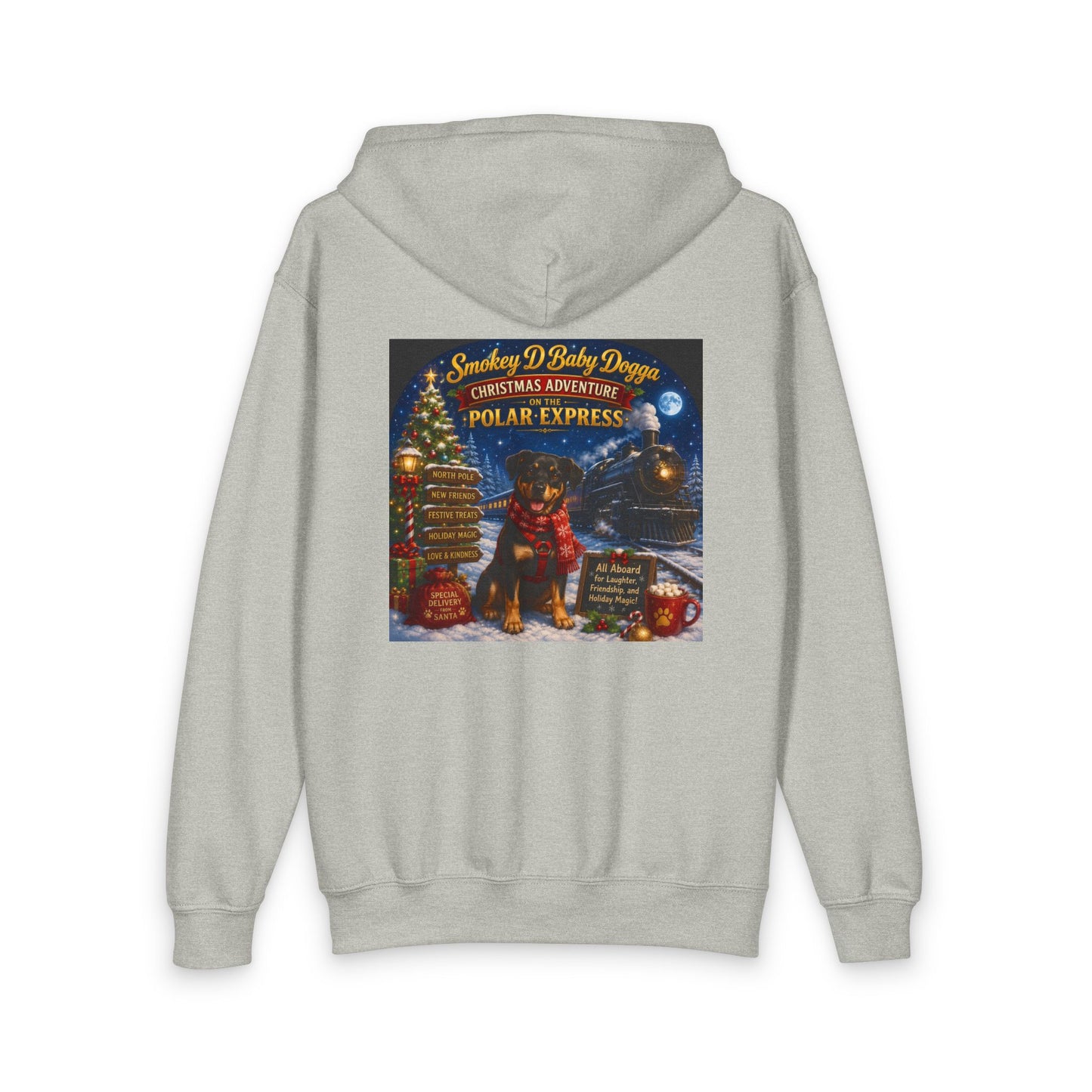 Smokey D Baby Dogga Polar Express Christmas Youth Hoodie – Gildan 18600B Heavy Blend Hooded Sweatshirt
