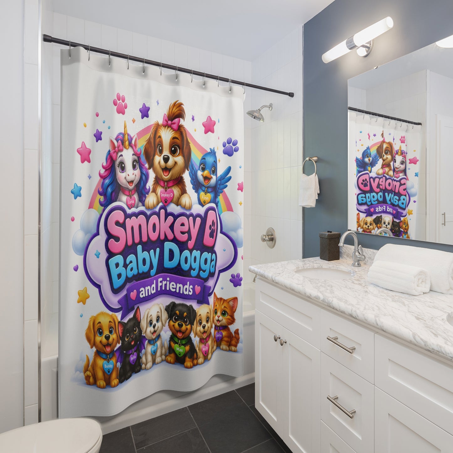 Smokey D Baby Dogga Kids Shower Curtain — Cute Puppy & Unicorn Bath Decor