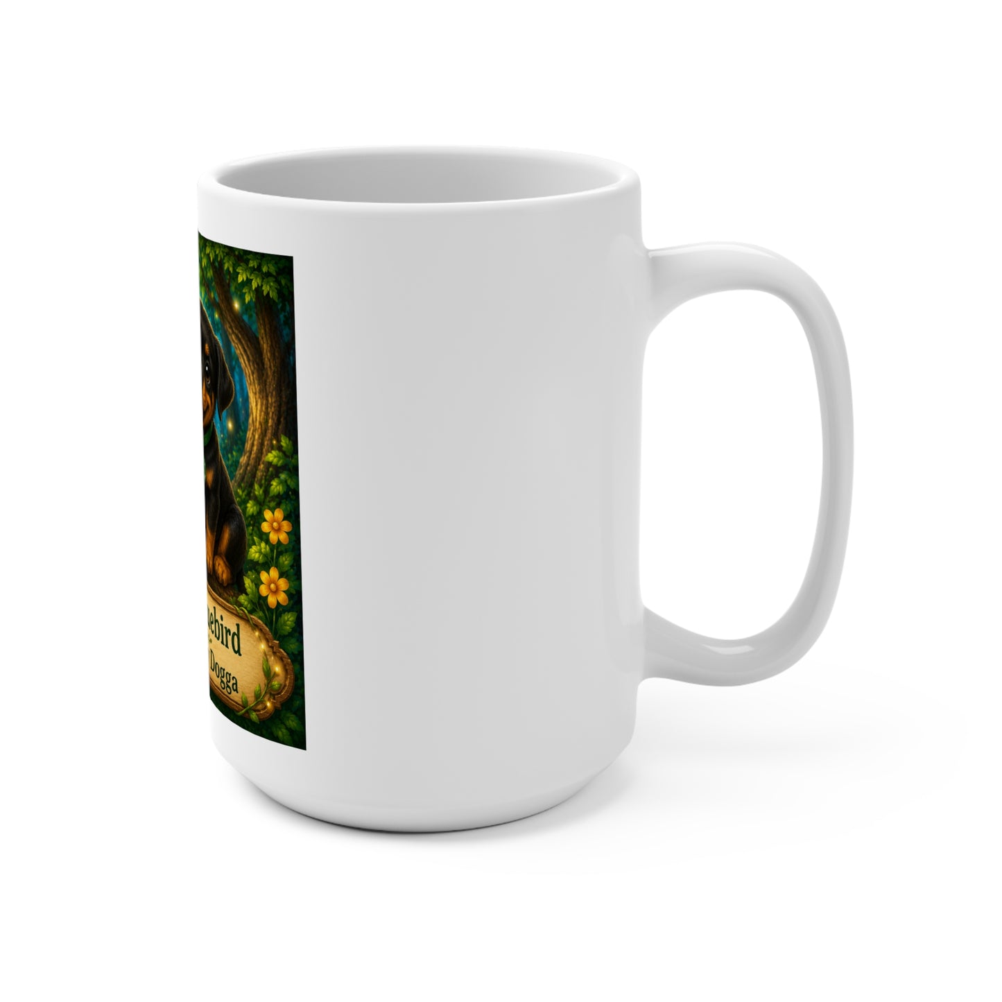 Finn the Bluebird & Smokey D Baby Dogga 15 oz Ceramic Coffee Mug | Cute Bluebird & Puppy Mug | Enchanted Forest Children's Book Gift | Whimsical Bird Lover Coffee Cup