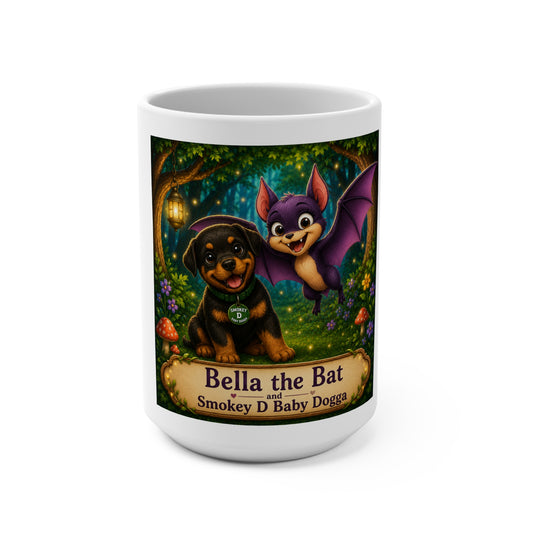 Bella the Bat & Smokey D Baby Dogga 15 oz Ceramic Coffee Mug | Cute Dog & Bat Fantasy Mug | Enchanted Forest Children's Book Gift | Whimsical Halloween Coffee Cup