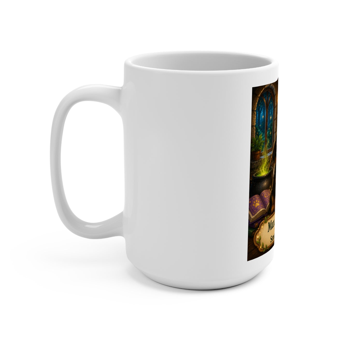 Max the Magical Cat & Smokey D Baby Dogga 15 oz Ceramic Coffee Mug | Wizard Cat & Puppy Fantasy Mug | Whimsical Children's Book Gift | Enchanted Forest Coffee Cup