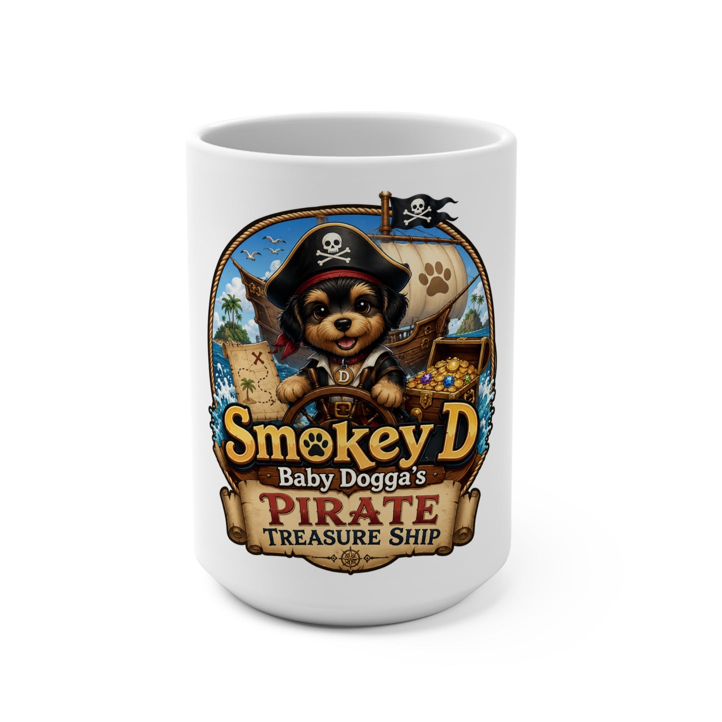Smokey D Baby Dogga's Pirate Treasure Ship 15oz Ceramic Coffee Mug | Cute Pirate Puppy Gift | Nautical Coffee Cup