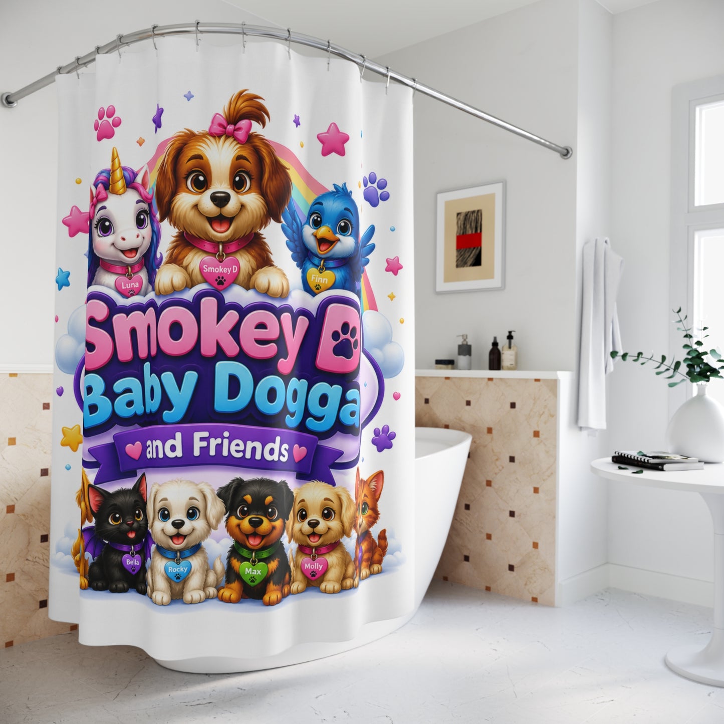 Smokey D Baby Dogga Kids Shower Curtain — Cute Puppy & Unicorn Bath Decor