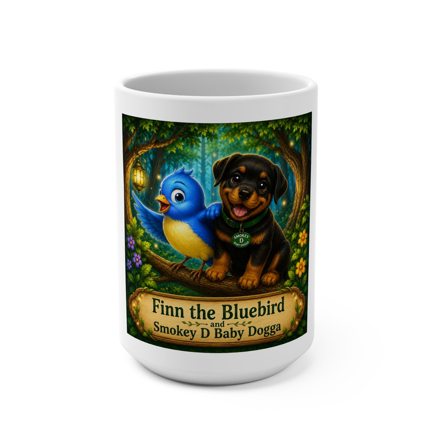 Finn the Bluebird & Smokey D Baby Dogga 15 oz Ceramic Coffee Mug | Cute Bluebird & Puppy Mug | Enchanted Forest Children's Book Gift | Whimsical Bird Lover Coffee Cup