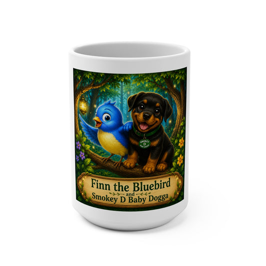 Finn the Bluebird & Smokey D Baby Dogga 15 oz Ceramic Coffee Mug | Cute Bluebird & Puppy Mug | Enchanted Forest Children's Book Gift | Whimsical Bird Lover Coffee Cup