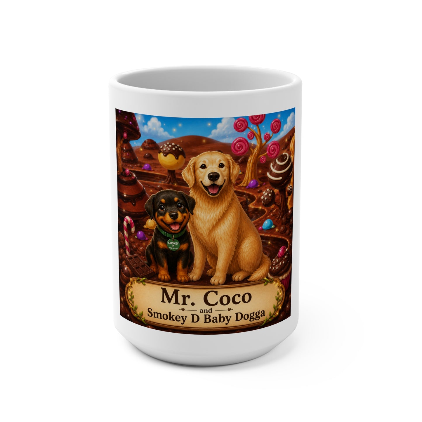Mr. Coco & Smokey D Baby Dogga 15 oz Personalized Ceramic Coffee Mug | Cute Dog & Tropical Bird Mug | Whimsical Children's Book Gift | Custom Name Coffee Cup