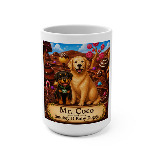 Mr. Coco & Smokey D Baby Dogga 15 oz Personalized Ceramic Coffee Mug | Cute Dog & Tropical Bird Mug | Whimsical Children's Book Gift | Custom Name Coffee Cup
