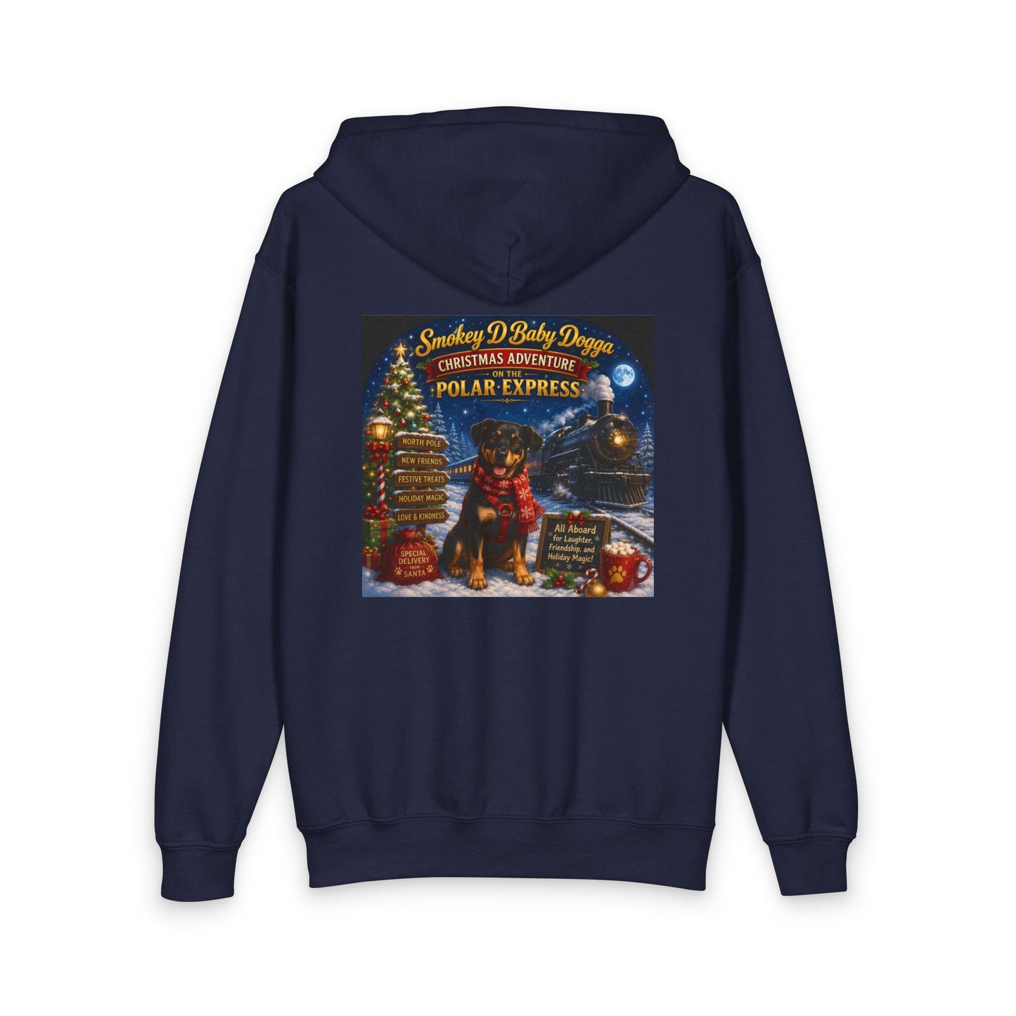 Smokey D Baby Dogga Polar Express Christmas Youth Hoodie – Gildan 18600B Heavy Blend Hooded Sweatshirt