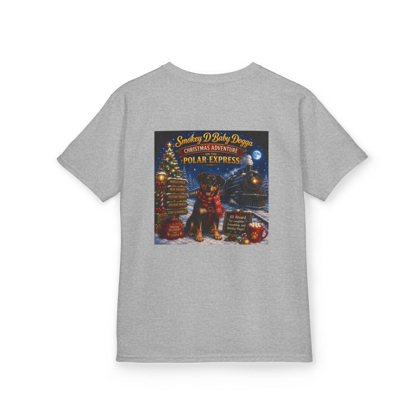 Smokey D Baby Dogga Polar Express Christmas Youth T-Shirt – Gildan 5000B Heavy Cotton Tee