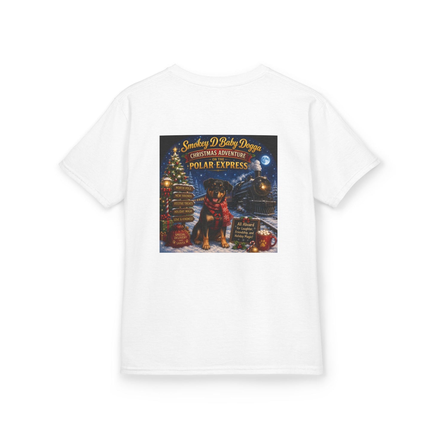 Smokey D Baby Dogga Polar Express Christmas Youth T-Shirt – Gildan 5000B Heavy Cotton Tee