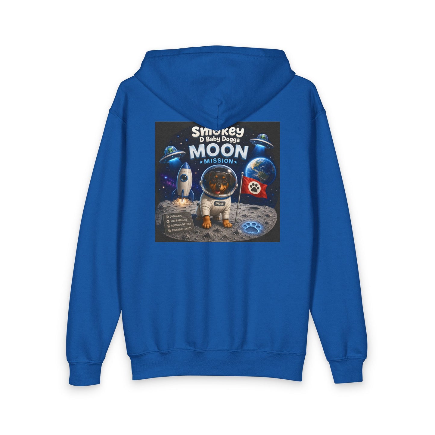 Smokey D Baby Dogga Moon Mission Youth Zip-Up Hoodie | Kids Space Adventure Hoodie