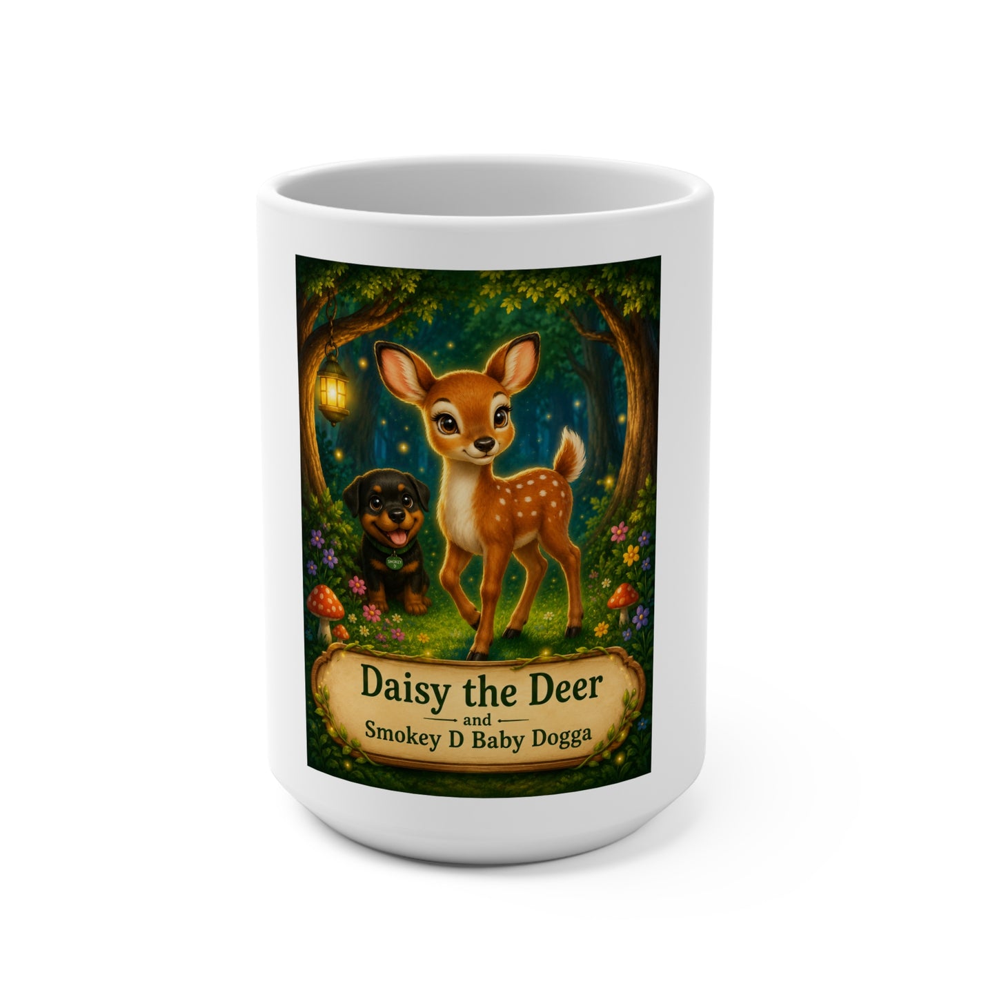Daisy the Deer & Smokey D Baby Dogga 15 oz Ceramic Coffee Mug | Cute Woodland Fawn & Puppy Mug | Enchanted Forest Children's Book Gift | Nature Lover Coffee Cup