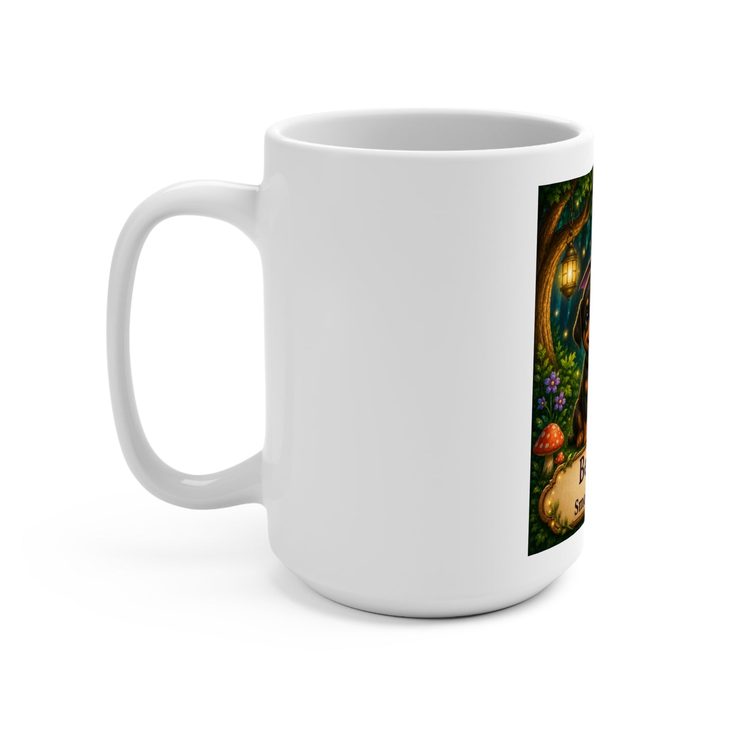 Bella the Bat & Smokey D Baby Dogga 15 oz Ceramic Coffee Mug | Cute Dog & Bat Fantasy Mug | Enchanted Forest Children's Book Gift | Whimsical Halloween Coffee Cup