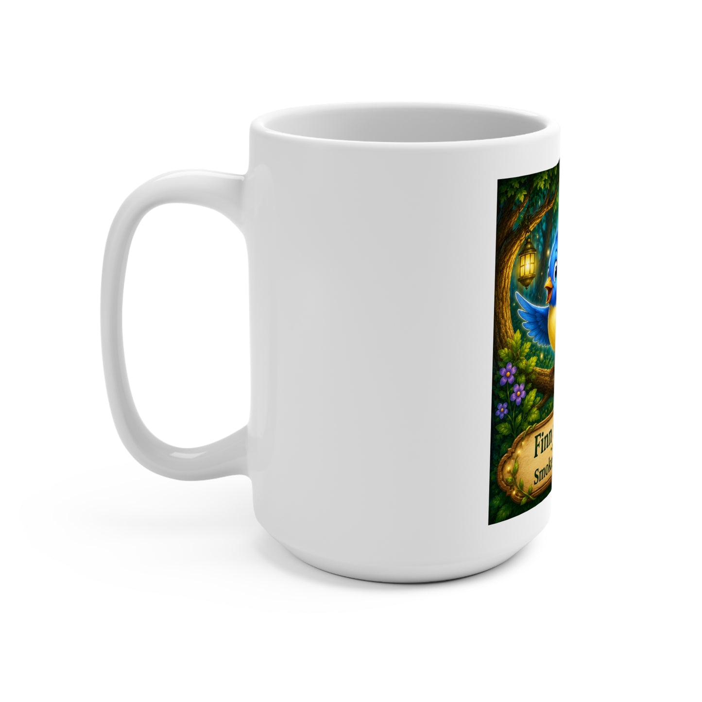 Finn the Bluebird & Smokey D Baby Dogga 15 oz Ceramic Coffee Mug | Cute Bluebird & Puppy Mug | Enchanted Forest Children's Book Gift | Whimsical Bird Lover Coffee Cup