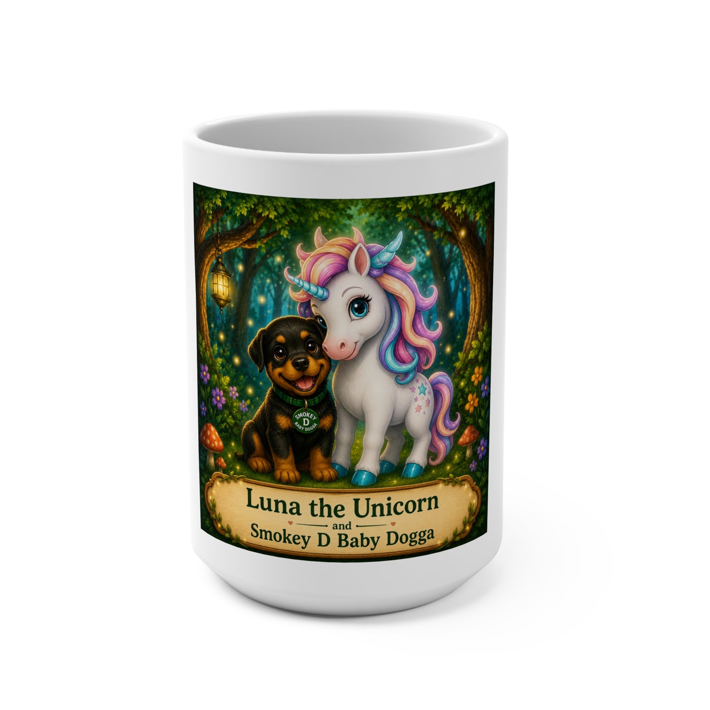 Luna the Unicorn & Smokey D Baby Dogga 15 oz Ceramic Mug | Cute Fantasy Unicorn & Puppy Coffee Cup | Magical Children's Book Gift | Enchanted Forest Mug