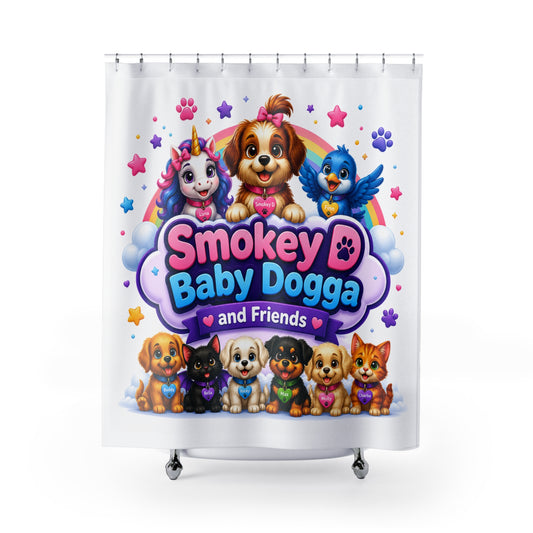 Smokey D Baby Dogga Kids Shower Curtain — Cute Puppy & Unicorn Bath Decor